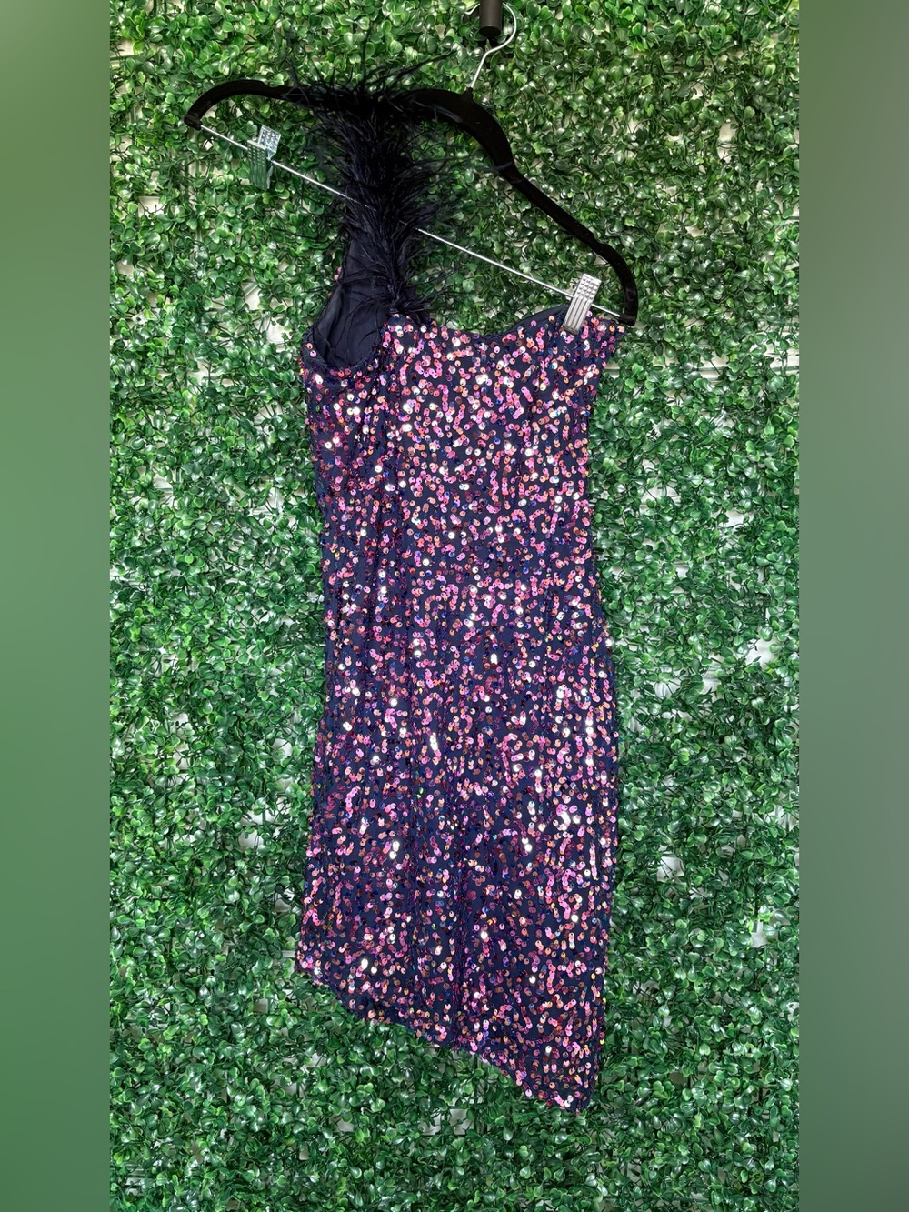 City Vibe Feathered One-Shoulder Sequin Cocktail Dress in Navy with Pink Accents